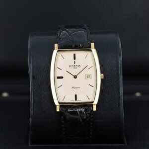 Juvenia Bravo Classic Quartz Cushion Case Dial on 18kt YG and Black Strap